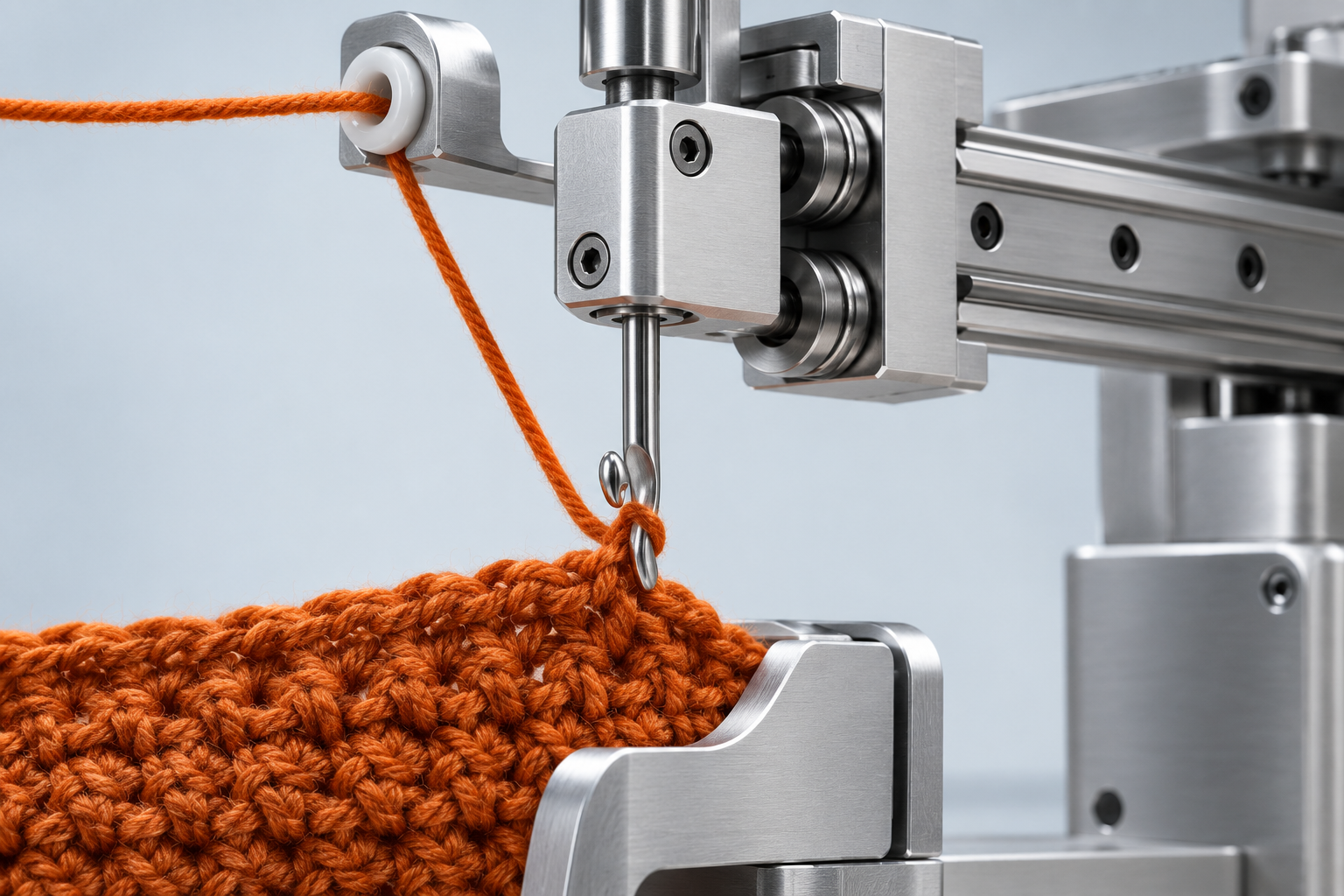Illustrative crochet mechanism concept: a steel hook mounted on an aluminum carriage, orange yarn, and a crochet sample